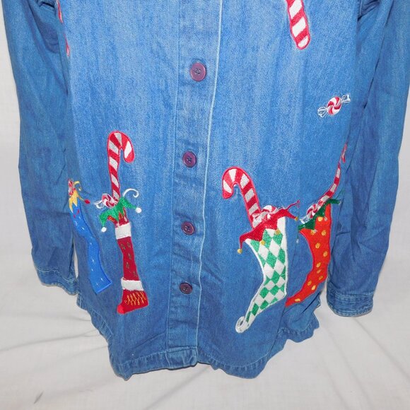 Austin Clothing Co Womens M Christmas Candy Cane Stocking Chambray LS Shirt - Picture 3 of 10